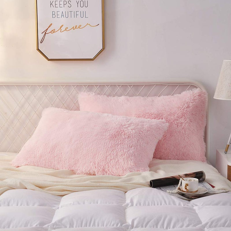 Uhamho Set of 2 Standard Queen Faux Fur Throw Pillow Covers Soft Velvet Decorative Pillowcases Zipper Closure(20 x 26 Inches Pink) - Image 4
